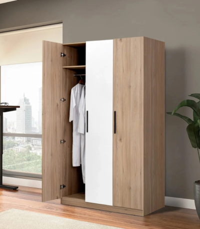 Bahoo PlanoSpace 3-door sliding wardrobe with integrated side console and overhead loft storage.