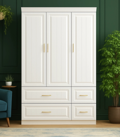 Bahoo PureElegance White Paneled Wardrobe with Gold Hardware and Drawers - Luxury Bedroom Storage UAE