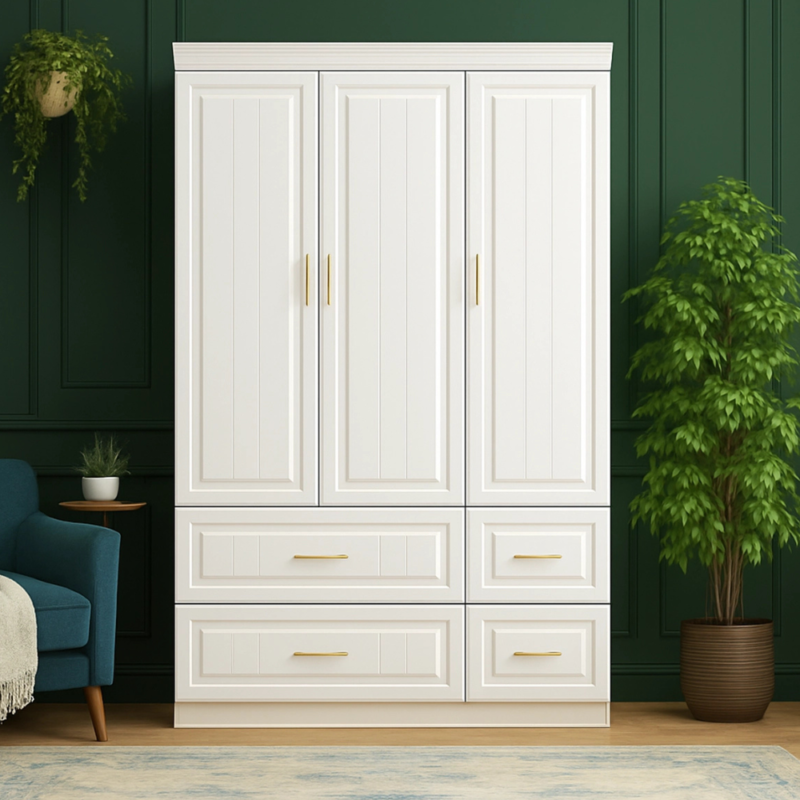 Bahoo PureElegance White Paneled Wardrobe with Gold Hardware and Drawers - Luxury Bedroom Storage UAE