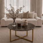 Bahoo Selina Round Grey Marble Coffee Table with Gold Base and Hidden Storage