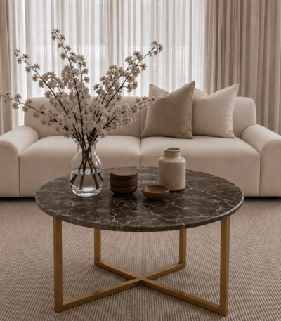 Bahoo Selina Round Grey Marble Coffee Table with Gold Base and Hidden Storage