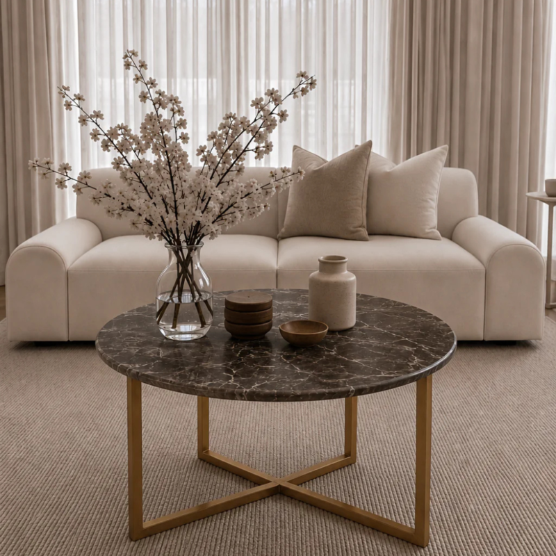 Bahoo Selina Round Grey Marble Coffee Table with Gold Base and Hidden Storage
