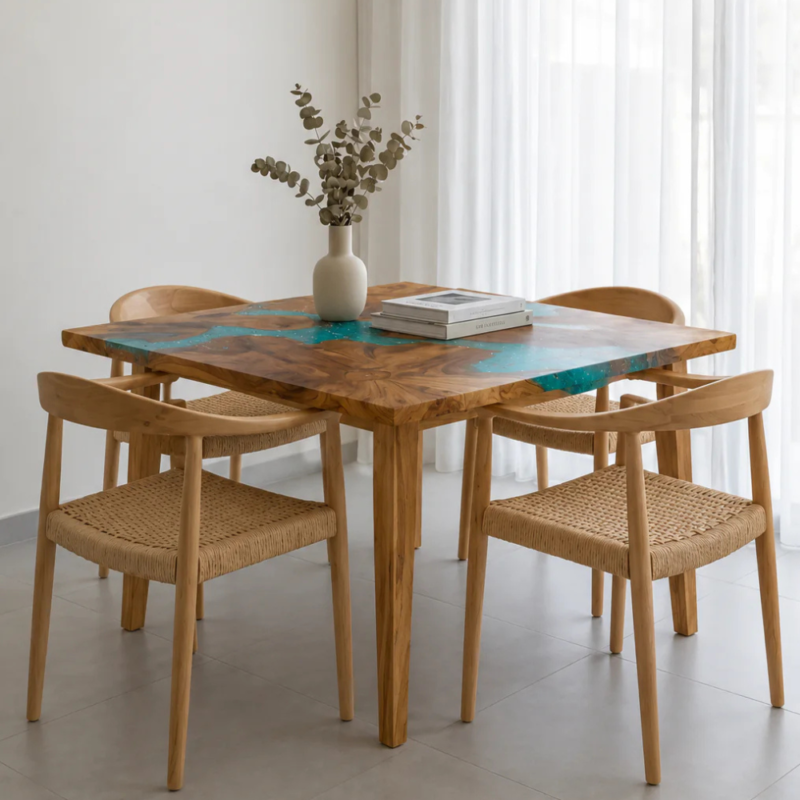 Bahoo Verix Artisanal Resin and Live-Edge Wood Dining Table