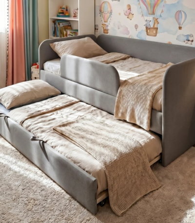 Bahoo Orion Upholstered Toddler Bed with Pull-Out Trundle – Charcoal Grey