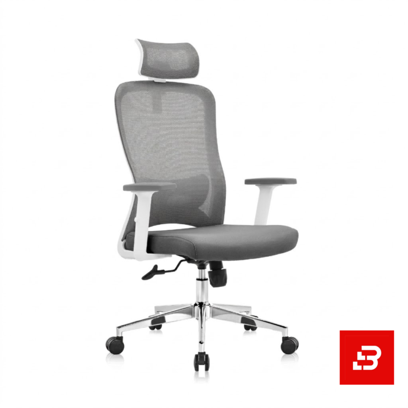 Modern ergonomic grey mesh executive office chair with white frame and headrest for UAE offices