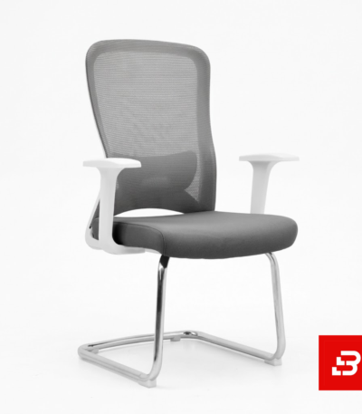 Modern ergonomic grey mesh visitor office chair with white frame and cantilever base for UAE offices