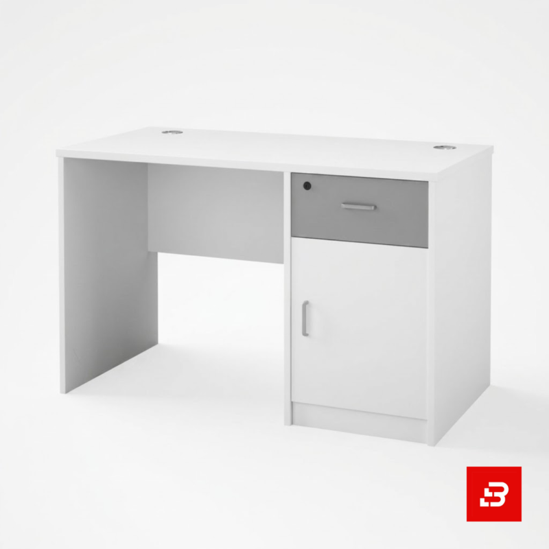 Modern white and grey office desk with locking drawer and storage cabinet for UAE offices