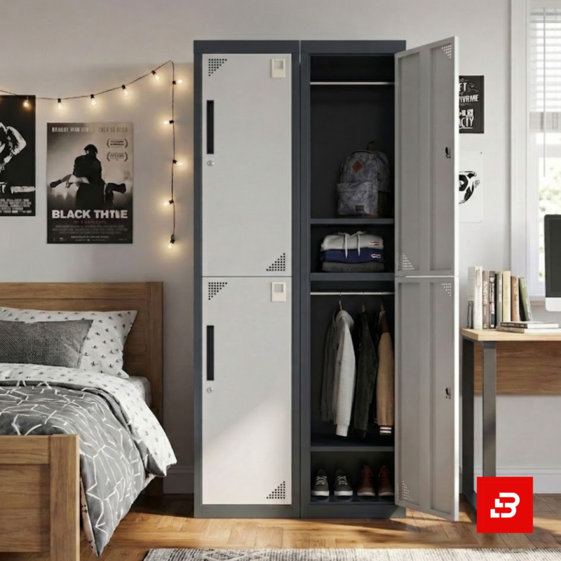 Modern double-tier 2-door metal locker storage cabinet with secure locking doors for UAE spaces