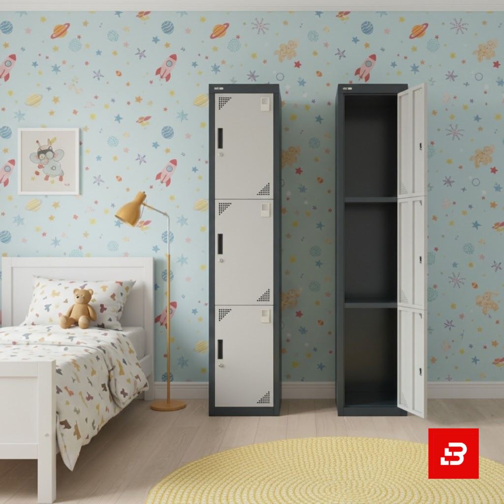 Modern triple-tier 3-door metal locker storage cabinet with secure locking doors for UAE spaces