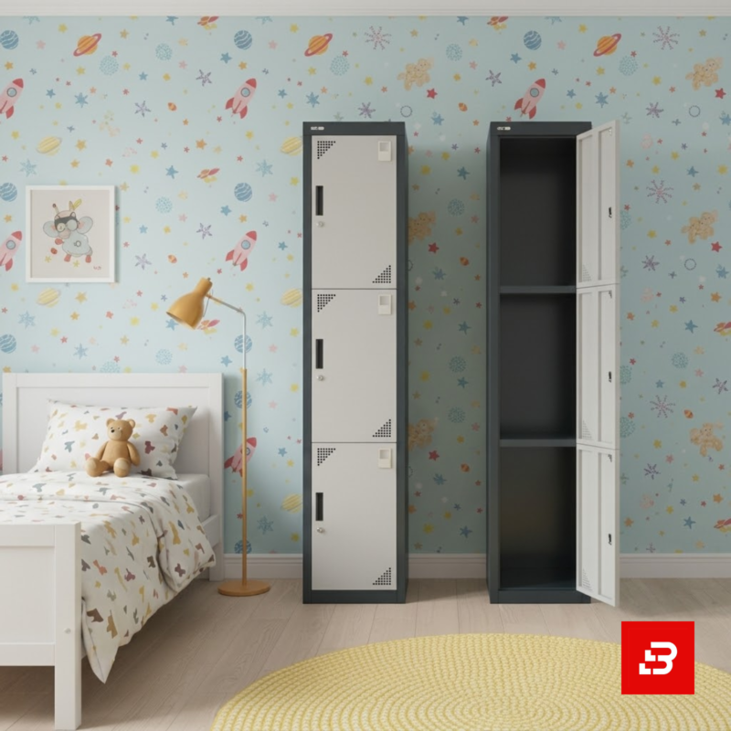 Modern triple-tier 3-door metal locker storage cabinet with secure locking doors for UAE spaces