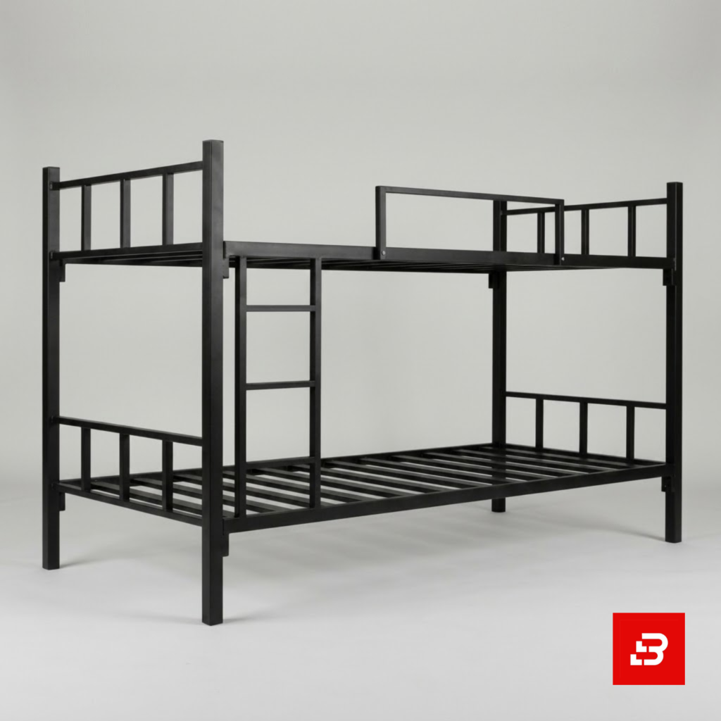 Modern heavy-duty black metal bunk bed with safety guardrails and ladder for UAE bedrooms