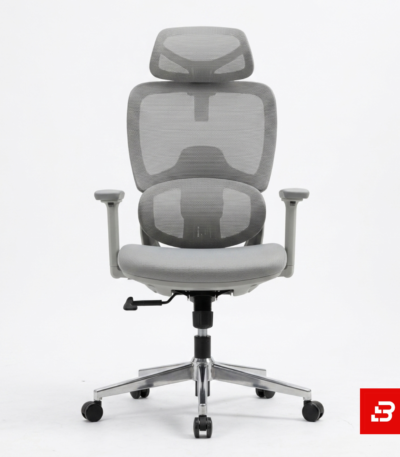 Modern grey ergonomic mesh executive office chair with headrest and rolling casters for UAE offices