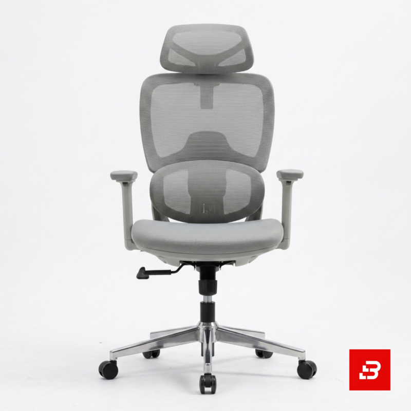 Modern grey ergonomic mesh executive office chair with headrest and rolling casters for UAE offices
