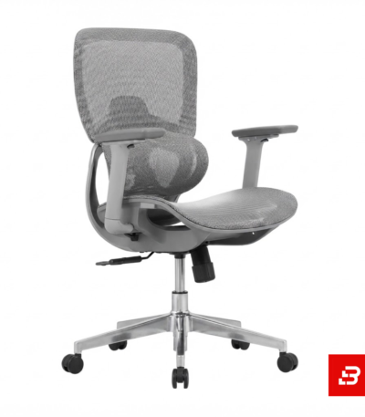 Back view of a grey ergonomic mesh office chair featuring a structural frame by Bahoo Interior UAE