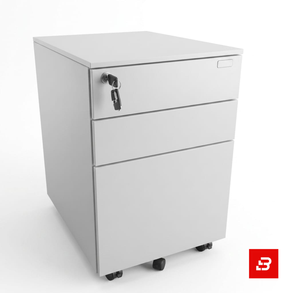 White 3-drawer mobile under-desk filing cabinet with lock by Bahoo Interior UAE