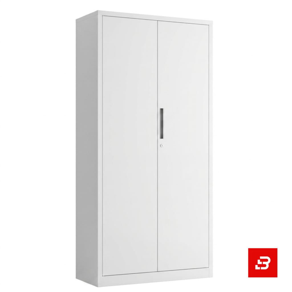 White 2-door office storage cupboard with open shelves by Bahoo Interior UAE