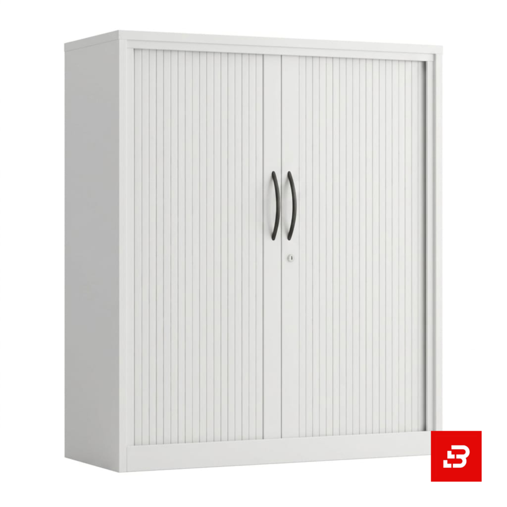 White tambour door office storage cabinet with vertical slats by Bahoo Interior UAE