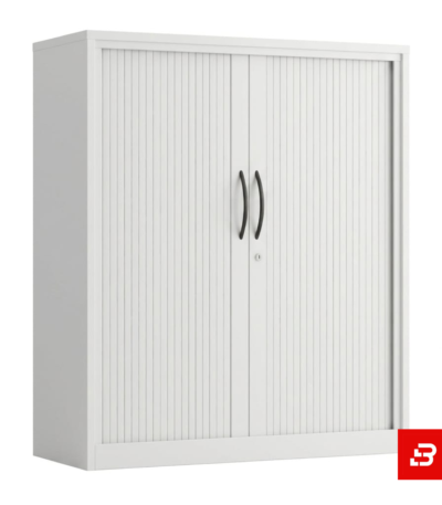 White tambour door office storage cabinet with vertical slats by Bahoo Interior UAE
