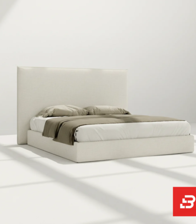 Modern upholstered platform bed with tall headboard in off-white fabric for UAE bedrooms
