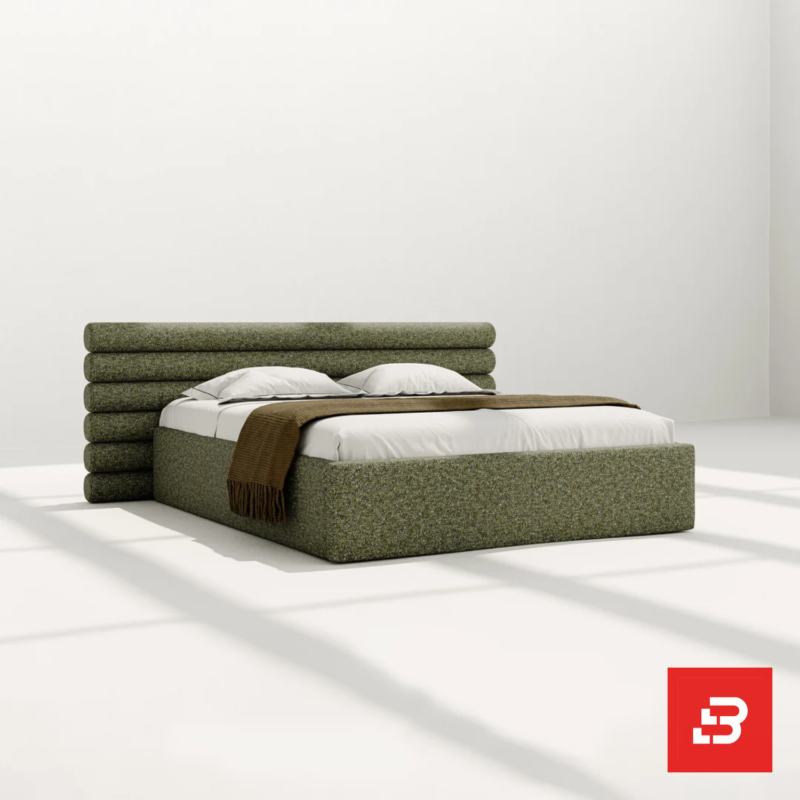 Modern textured green upholstered platform bed with horizontal channel tufted headboard for UAE bedrooms